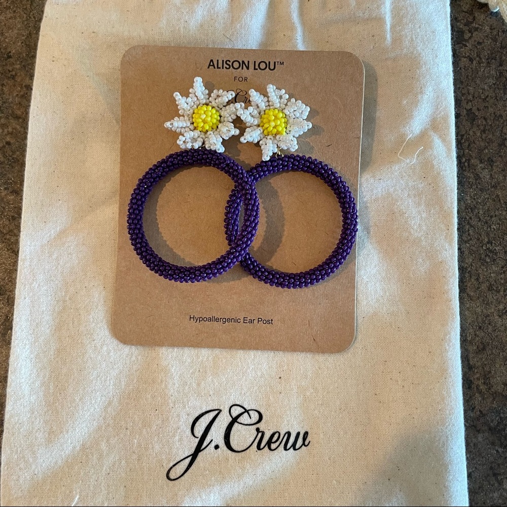 J Crew Alison Lou Seed Bead Purple Flower Daisy Dangle Stud Post Earrings